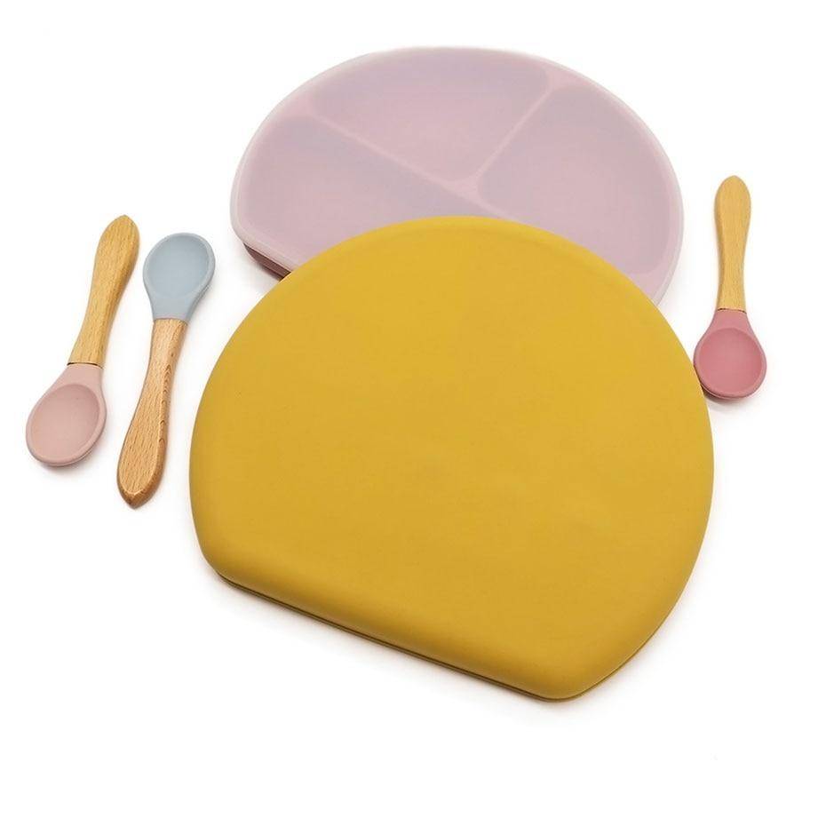 Silicone and Wood Baby Feeding Plate Set