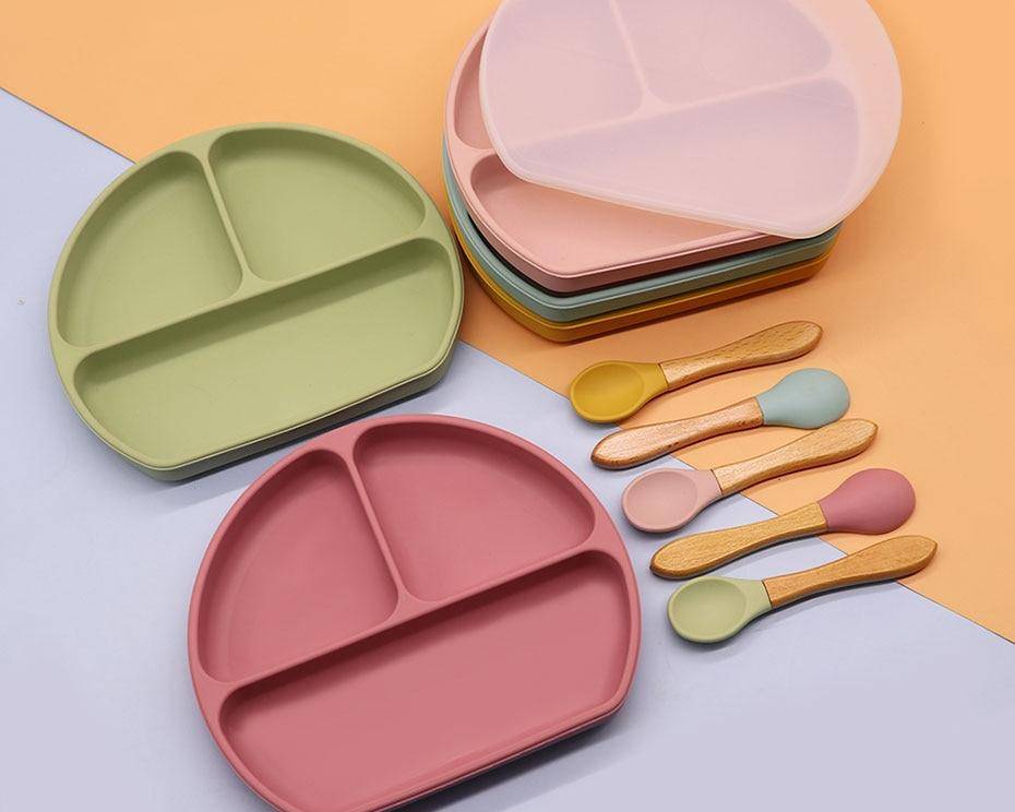 Silicone and Wood Baby Feeding Plate Set