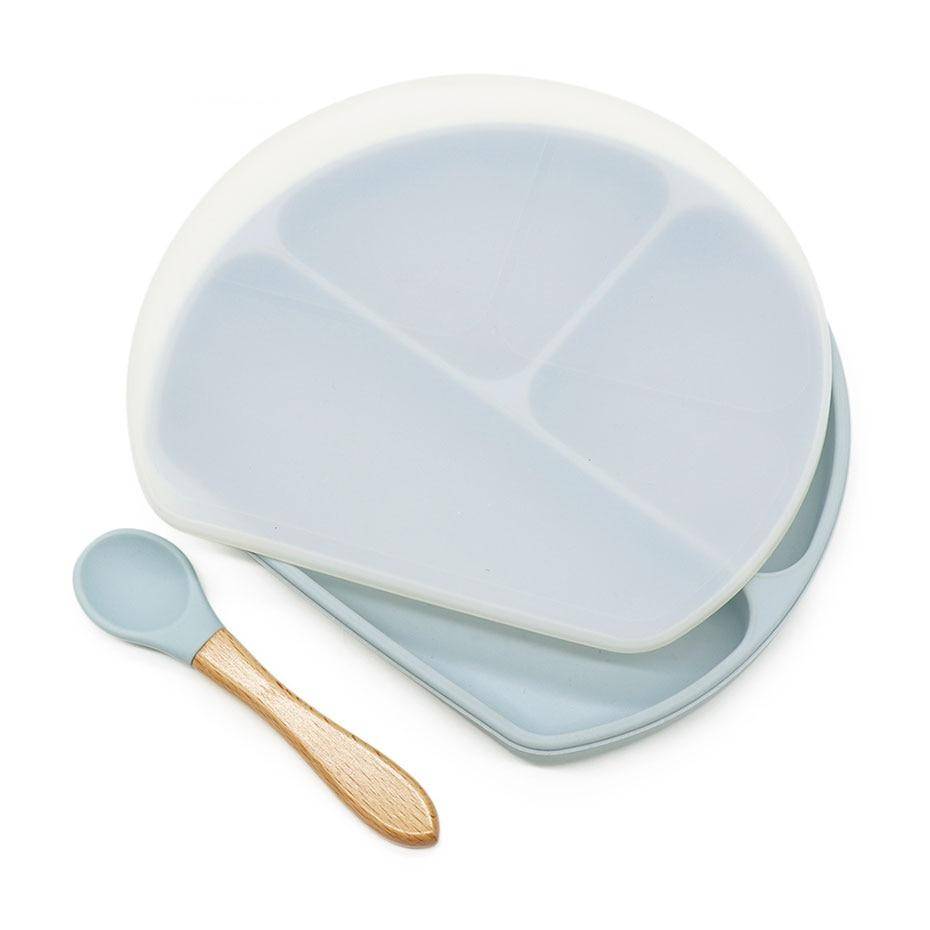 Silicone and Wood Baby Feeding Plate Set