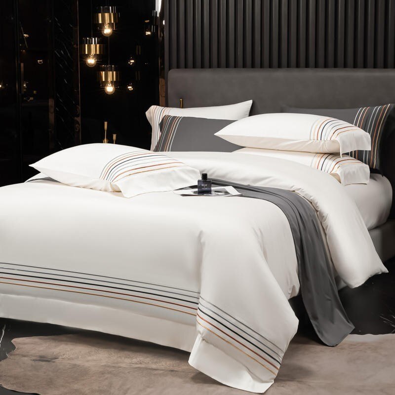 600TC Egyptian Cotton Stripe Embroidery Duvet Cover Set White Dark Grey Double Queen King 4Pcs Bedding set Bed Sheet Pillowcases