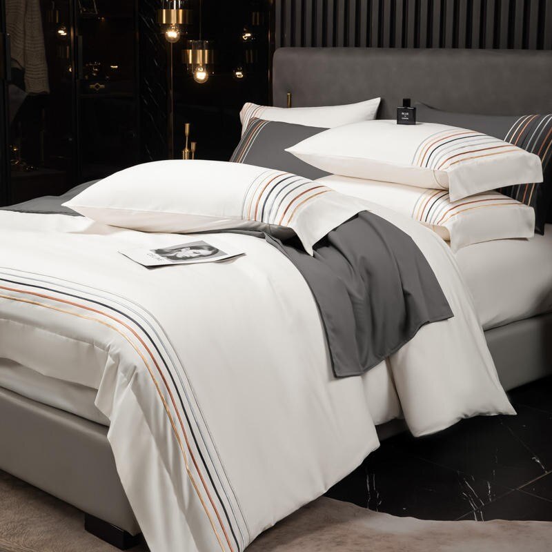 600TC Egyptian Cotton Stripe Embroidery Duvet Cover Set White Dark Grey Double Queen King 4Pcs Bedding set Bed Sheet Pillowcases