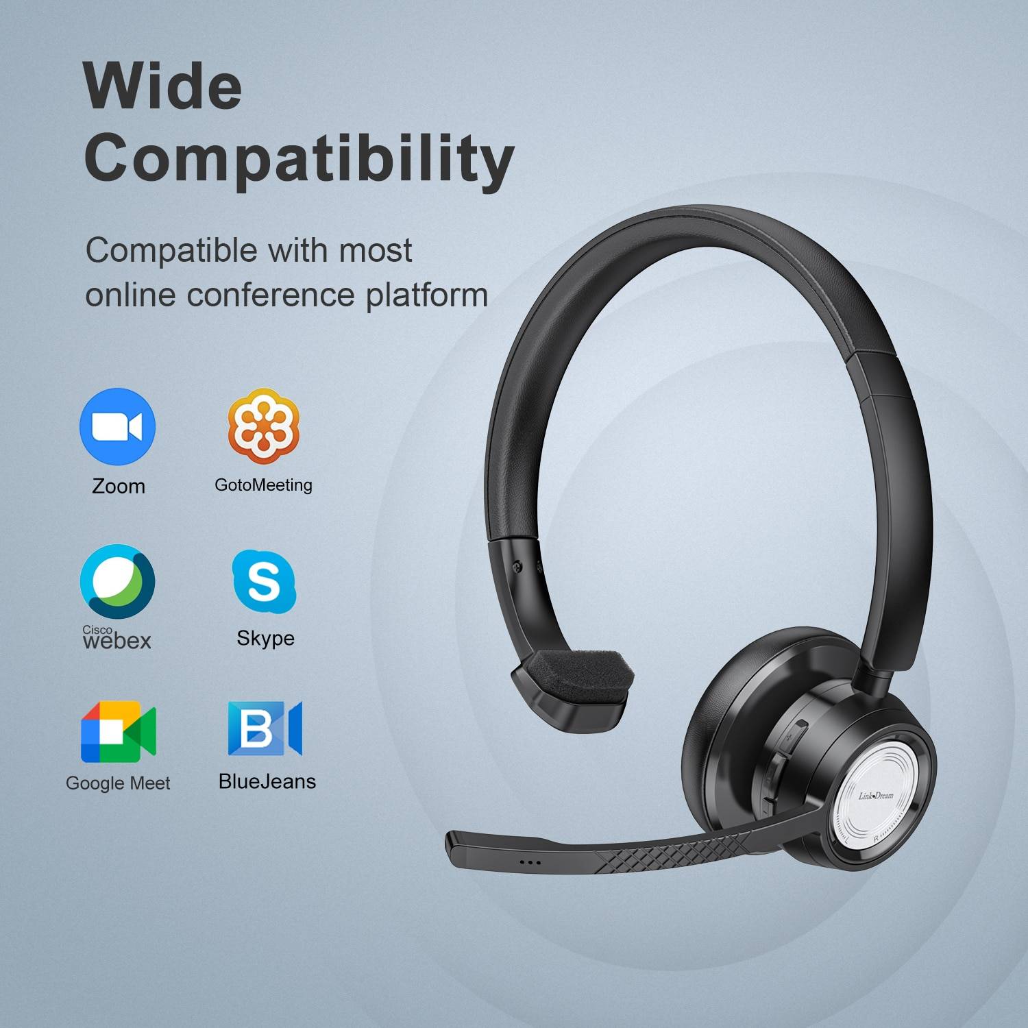 Link Dream Bluetooth Headphones V5.0 BH60 Headset CVC8.0 Noise Reduction 20Hrs Talktime Wireless Lightweight Headphone with Mic